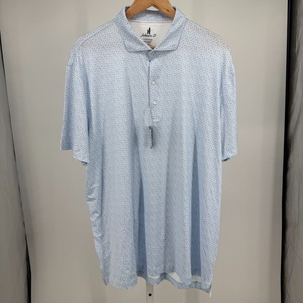 Johnnie-O Four Leaf Clover Polo Shirt Mens XL Kona Blue White Print Featherwight